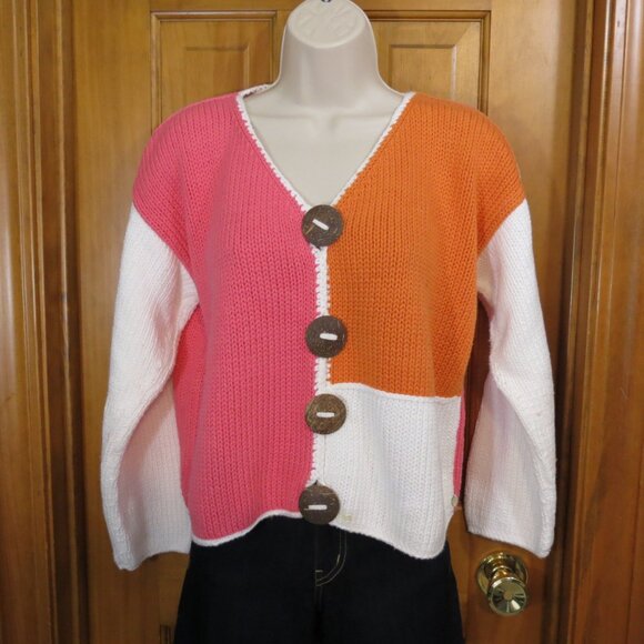 Pure Handknit Cardigan Sweater Pink/Orange/White Long Sleeve Size Large Petite - Picture 7 of 9